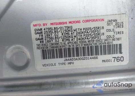 2016 Mitsubishi Outlander Se from USA, damaged, VIN JA4AD3A30GZ014466